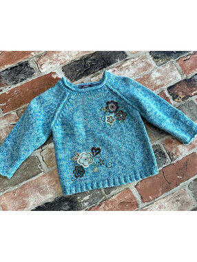 Koala Kids Girls Blue Knit Floral Flower Embroidered Pullover Sweater 18m